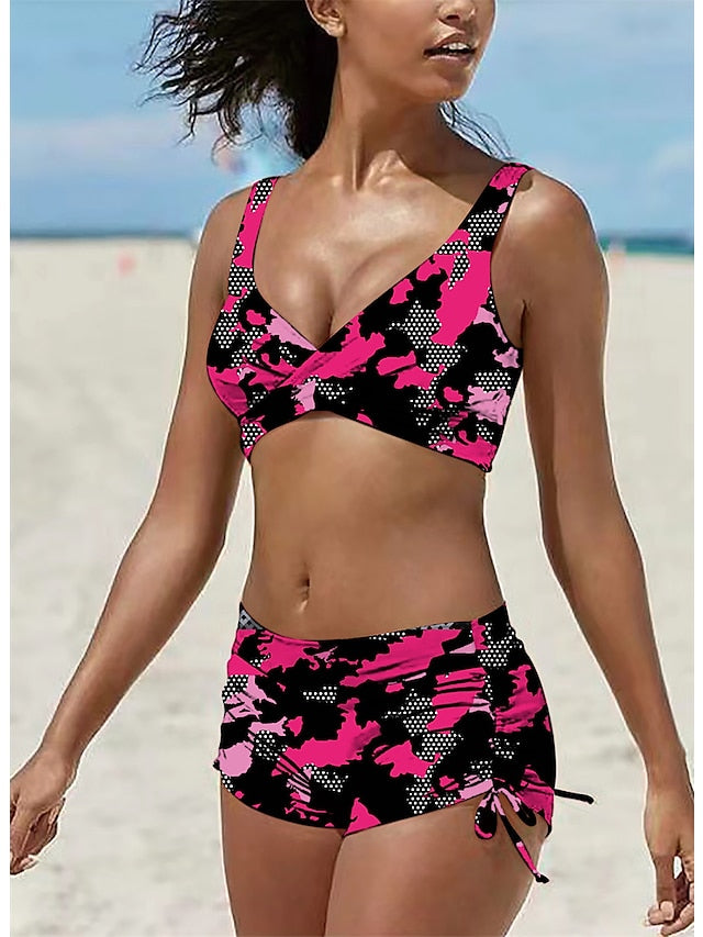 Women's Swimwear Bikini Normal Swimsuit 2 Piece Printing Camouflage Light Green Blue Orange Green Rose Red Bathing Suits Sports Beach Wear Summer