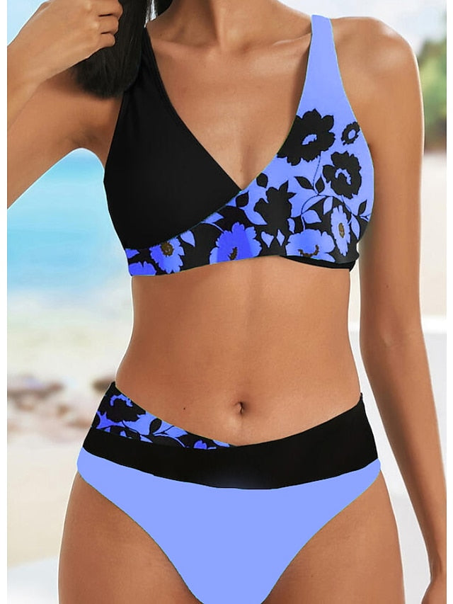 Women's Swimwear Bikini 2 Piece Normal Swimsuit High Waisted Color Block Floral Print Green Blue Yellow Rosy Pink Royal Blue Padded V Wire Bathing Suits Sports Vacation Sexy / New