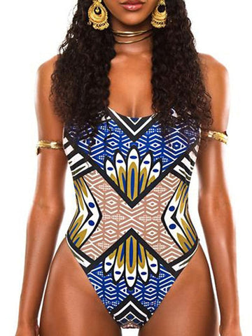 Women's Swimwear One Piece Monokini Bathing Suits Normal Swimsuit Tummy Control Open Back Printing High Waisted Geometric Abstract Blue Yellow Rosy Pink Royal Blue Navy Blue Scoop Neck Bathing Suits
