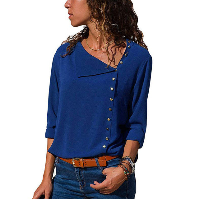 Chiffon Long Sleeve Skew Collar Solid Office Women Blouses And Tops - Sheseelady