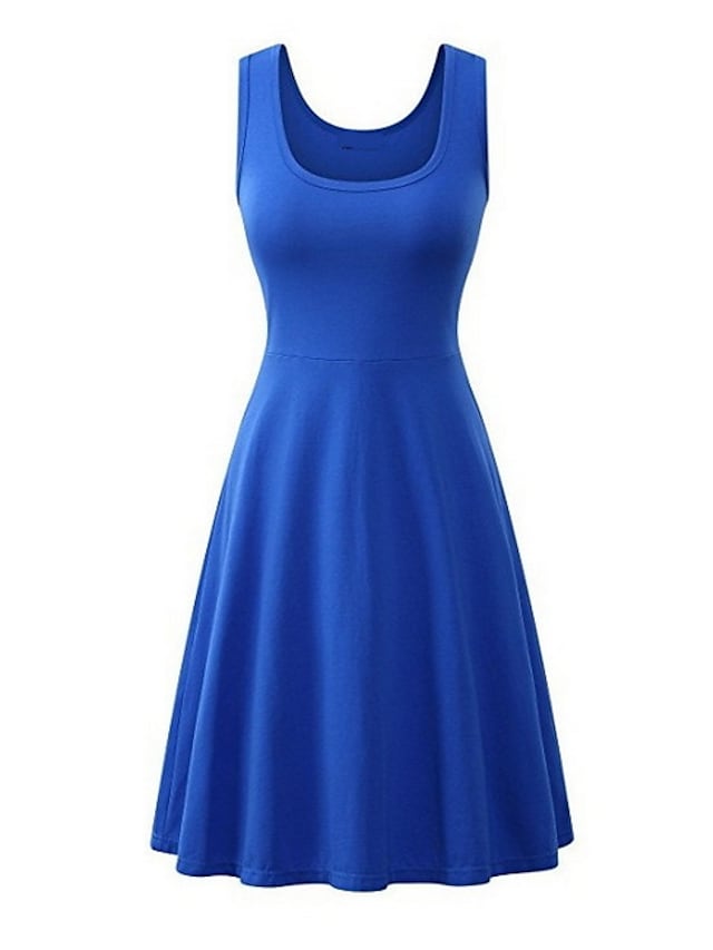 Fashion Sleeveless Pure Color Square Neck Weekend Casual Swing Dress For Womens