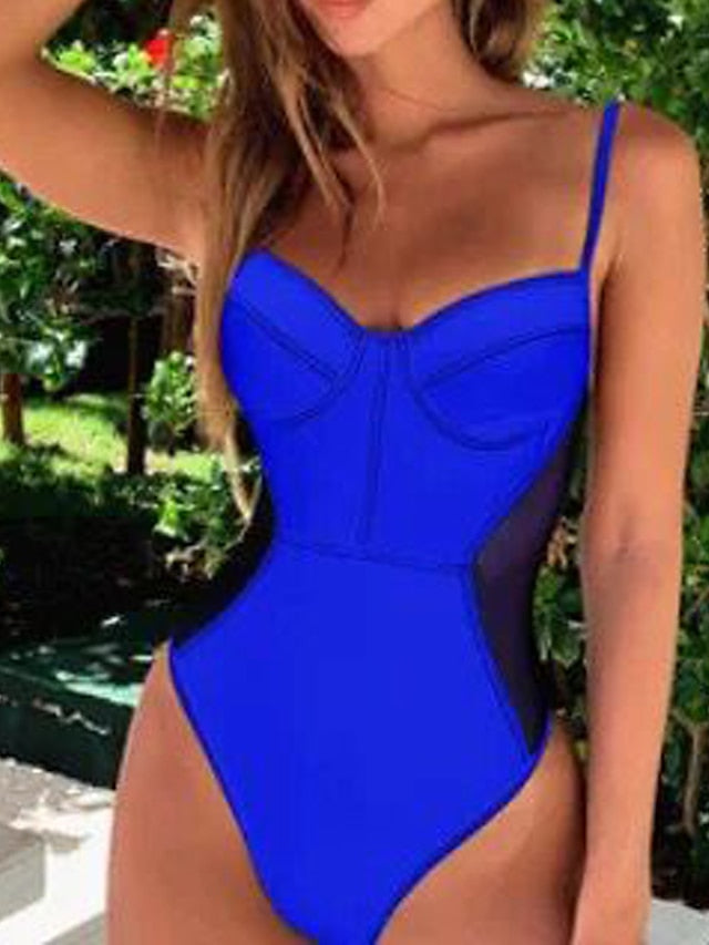 Women's Swimwear One Piece Monokini Normal Swimsuit Modest Swimwear Tummy Control Open Back Mesh Solid Color Green White Black Yellow Rosy Pink Strap Bathing Suits New Vacation Fashion / Sexy