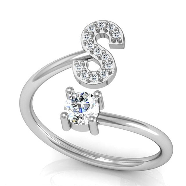 Fashion 26 Letters Silver Ring For Women Rhinestone Open Finger Rings Female Engagement Ring Jewelry Anel Party Gift - Sheseelady