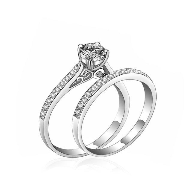 2Pcs/Lot Silver Double Rings Set Engagement Woman Cubic Zirconia Ring For Women Ladies Lover Party Wedding Jewelry - Sheseelady
