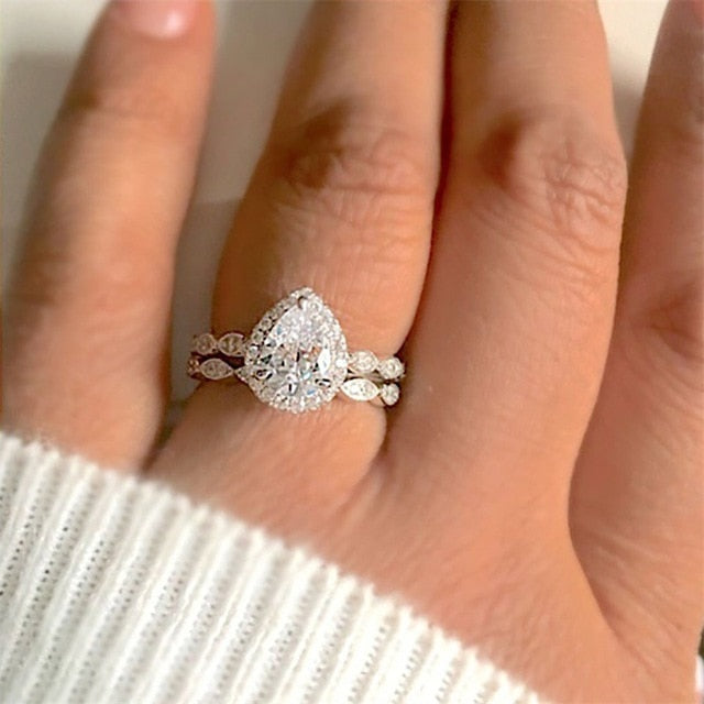 2Pcs/Lot Silver Double Rings Set Engagement Woman Cubic Zirconia Ring For Women Ladies Lover Party Wedding Jewelry - Sheseelady