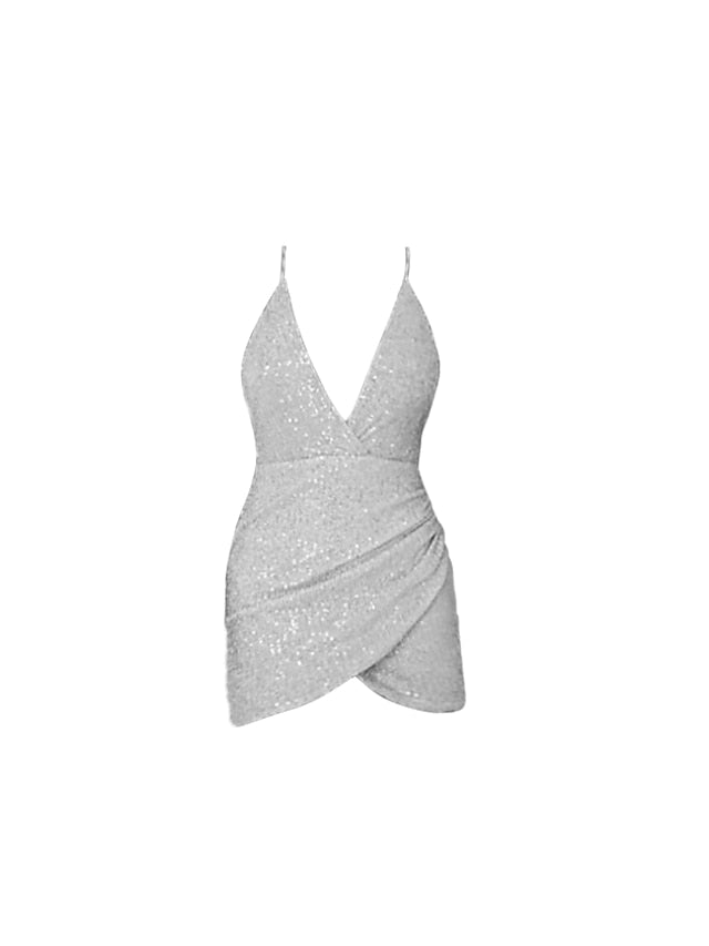 Women‘s Party Dress Sequin Dress Holiday Dress Mini Dress Silver Sleeveless Pure Color Sequins Spring Summer V Neck Stylish Party Birthday Date Slim