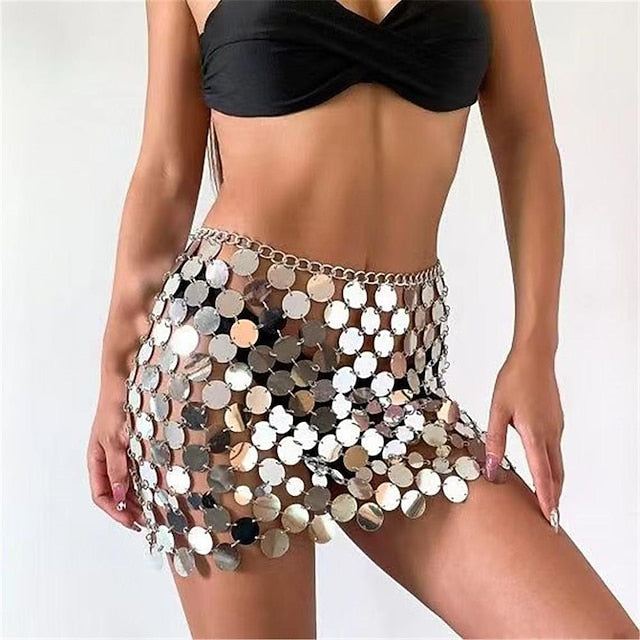 Women's Sparkly Skirt Mini Polyester Silver Rainbow Skirts Sequins Shiny Metallic Shimmery Sexy Performance Party Evening One-Size