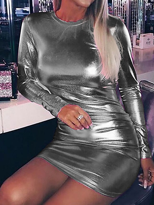 Women's Party Dress Bodycon Sheath Dress Mini Dress Silver Purple Gold Long Sleeve Pure Color Patchwork Spring Fall Winter Crew Neck Fashion Vacation Fall Dress Spring Dress Slim