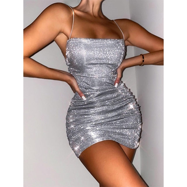 Women‘s Party Dress Sequin Dress Bodycon Mini Dress Silver Black Sleeveless Pure Color Sequins Winter Fall Spring Spaghetti Strap Fashion Date  S M L