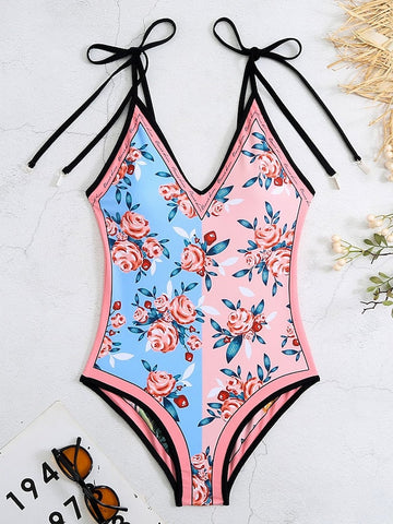 Women's Swimwear One Piece Normal Swimsuit Printing Floral Black Yellow Pink Navy Blue Sky Blue Bodysuit Bathing Suits Sports Beach Wear Summer