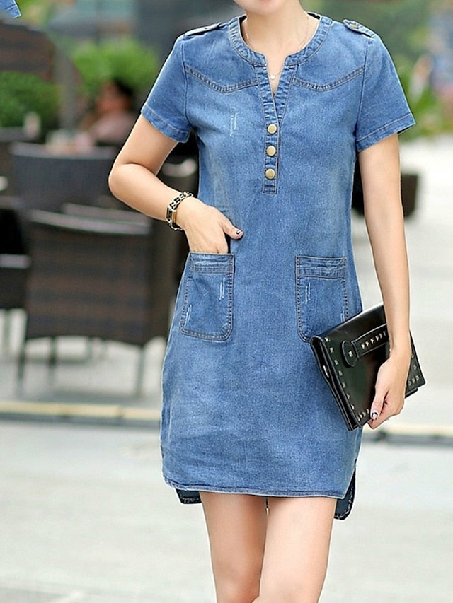 Women's V-Neck Denim Mini Dress with Pockets - Short Sleeve Summer Style