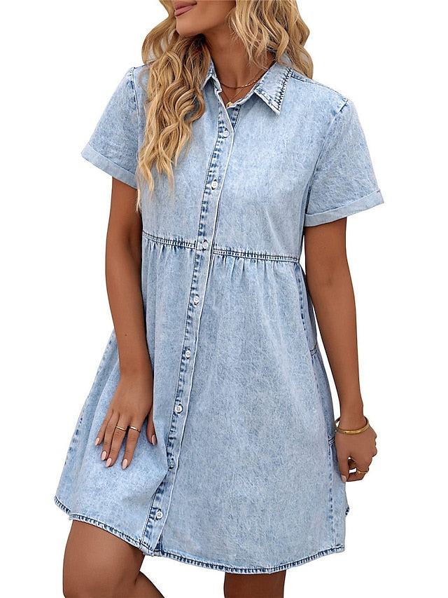 Women's Denim Shift Dress - Casual Mini Shirt Dress with Pockets, Short Sleeve
