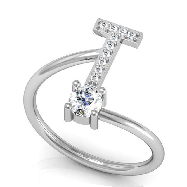 Fashion 26 Letters Silver Ring For Women Rhinestone Open Finger Rings Female Engagement Ring Jewelry Anel Party Gift - Sheseelady