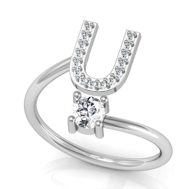 Fashion 26 Letters Silver Ring For Women Rhinestone Open Finger Rings Female Engagement Ring Jewelry Anel Party Gift - Sheseelady