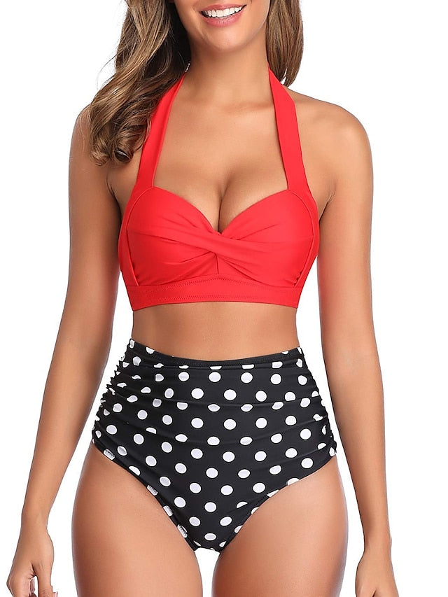 Women's Swimwear Bikini 2 Piece Normal Swimsuit Halter High Waist Push Up High Waisted Geometric Wave dot + red Black White Yellow Pink Bathing Suits Sports Fashion Ordinary