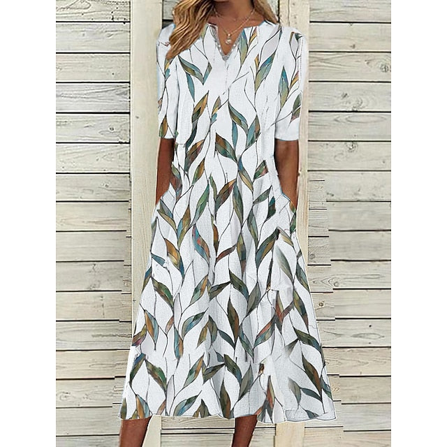 Women's Casual Dress Shift Dress Midi Dress White Blue Half Sleeve Leaf Print Summer Spring V Neck Classic Vacation Print Dresses