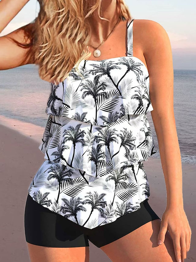 Women's Swimwear Tankini 2 Piece Normal Swimsuit 2 Piece Layered Printing Palm Tree Black White Blue Rainbow Tank Top Bathing Suits Sports Beach Wear Summer
