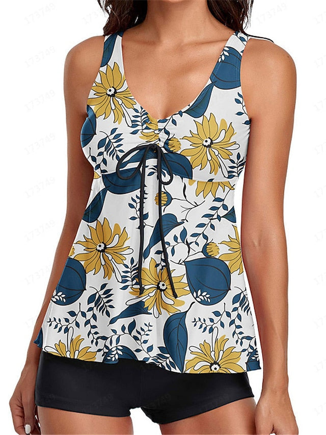 Women's Swimwear Tankini 2 Piece Normal Swimsuit Open Back Printing Floral White Black Vest V Wire Bathing Suits New Vacation Fashion / Modern