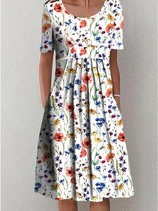 Women's Casual Dress Floral Dress Midi Dress White Short Sleeve Floral Ruched Spring Summer Crew Neck Basic Daily Vacation Weekend Print Dresses