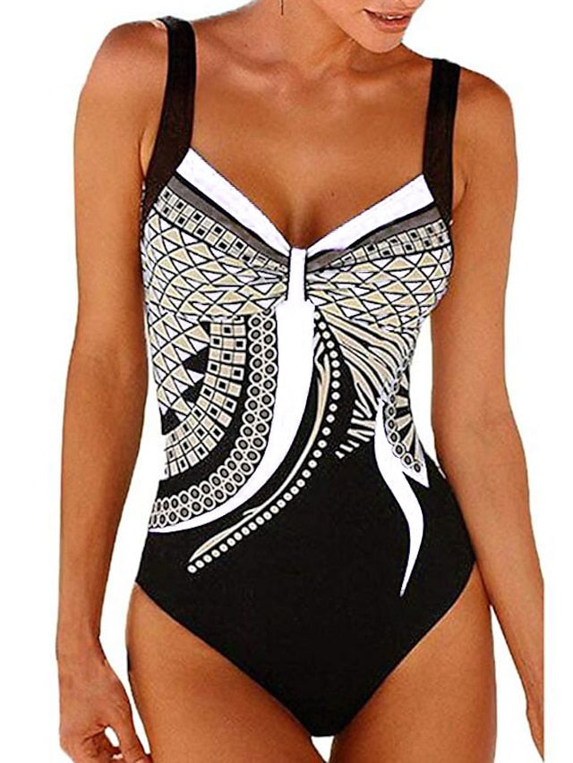 Women's Swimwear One Piece Monokini Bathing Suits Plus Size Swimsuit Backless Tummy Control for Big Busts Floral Abstract Wine Green White Blue Purple Plunge Bathing Suits New Basic St. Patrick's Day