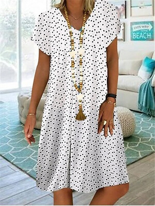 Women's Shift Dress Midi Dress White Wine Blue Short Sleeve Polka Dot Print Spring Summer V Neck Basic Print Dresses