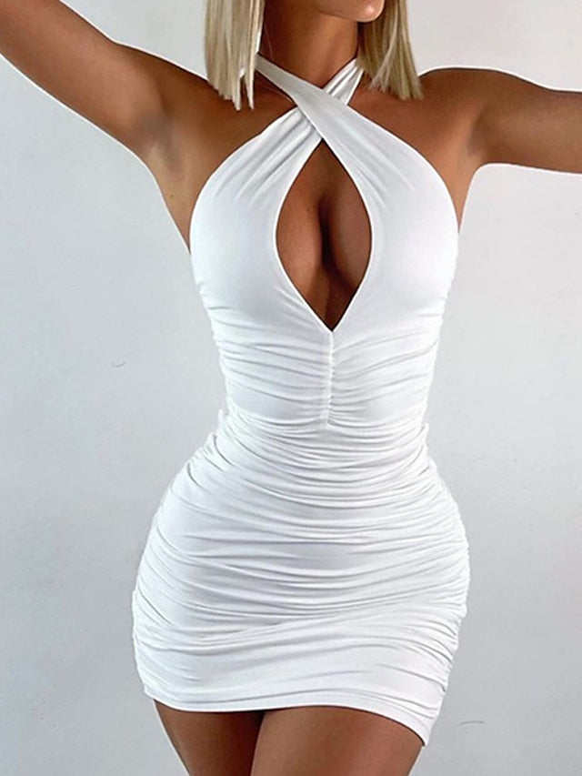 Women's Party Dress Bodycon Sheath Dress Mini Dress White Brown Light Blue Sleeveless Pure Color Backless Summer Spring Halter Fashion Vacation