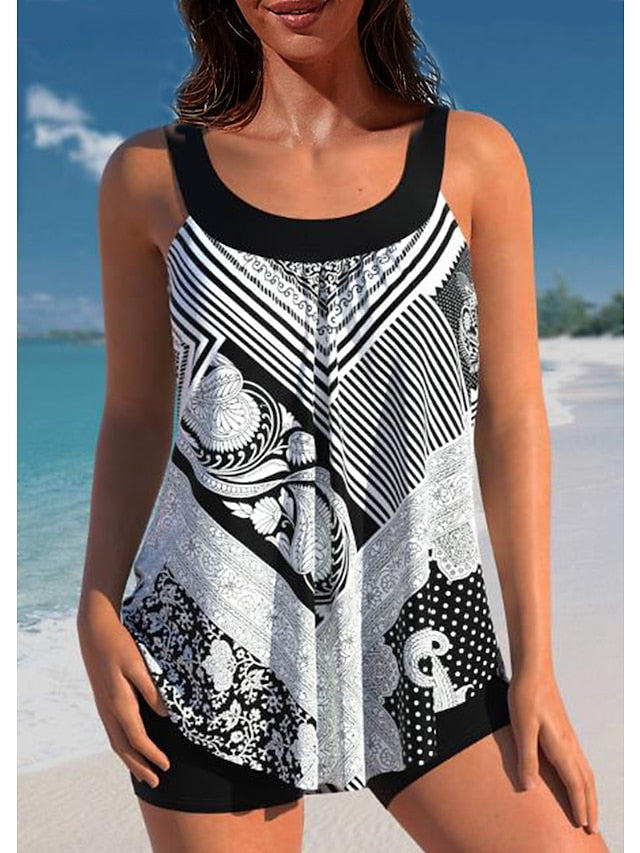 Women's Swimwear Tankini 2 Piece Plus Size Swimsuit Printing Graphic Black White Red Blue Tank Top Bathing Suits Sports Summer