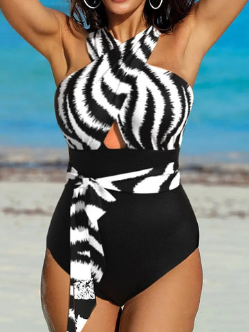 Women's Swimwear One Piece Normal Swimsuit Printing Leopard Floral Black White Yellow Red Dark Gray Bodysuit Bathing Suits Sports Beach Wear Summer