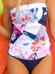 Women's Swimwear Tankini 2 Piece Normal Swimsuit Modest Swimwear Open Back Print Floral White Tube Top Strapless Bathing Suits New Casual Vacation / Modern / Padded Bras