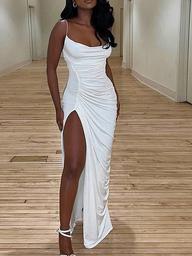 Women's Prom Dress Party Dress Sheath Dress Long Dress Maxi Dress Black White Wine Sleeveless Pure Color Ruched Summer Spring Spaghetti Strap Party Evening Party Wedding Guest Vacation
