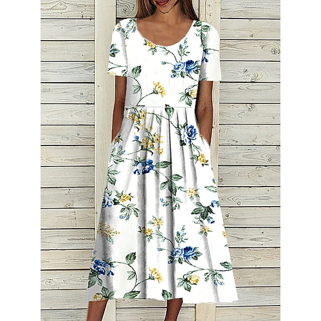 Women's Casual Dress Midi Dress White Blue Green Short Sleeve Floral Ruched Summer Spring Crew Neck Basic Loose Fit Print Dresses