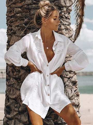 Women's Swimwear Cover Up Beach Top Monokini Normal Swimsuit Button Modest Swimwear Solid Color White Bathing Suits New Cover Ups & Beach Dresses