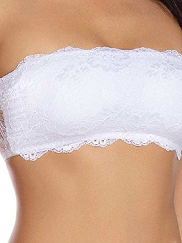 Women's Lace Bras Padded Bras Tube Bra Strapless Bras Full Coverage Scoop Neck Breathable Invisible Lace Pure Color Pull-On Closure Date Party & Evening Casual Daily Polyester 1PC White Black , 1 PC