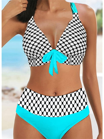 Women's Swimwear Bikini 2 Piece Plus Size Swimsuit Backless 2 Piece Printing Bowknot White Blue Halter V Wire Bathing Suits New Stylish Vacation / Sexy / Padded Bras