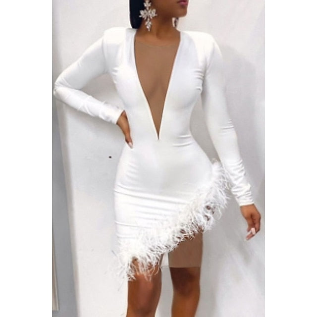 Women's Party Dress Feather Dress Cocktail Dress Mini Dress Black White Yellow Long Sleeve Pure Color Mesh Spring Fall Winter V Neck Hot Party Winter Dress Birthday Slim