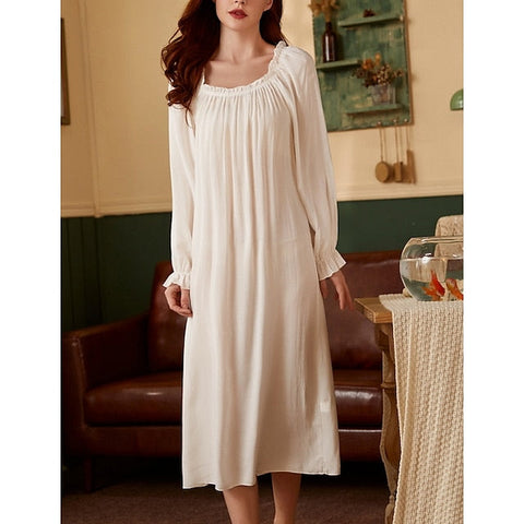 Women's Pajamas Nightgown Nighty 1 PCS Pure Color Simple Comfort Sweet Home Party Daily Bamboo Gift Square Neck Long Sleeve Basic Fall Spring White