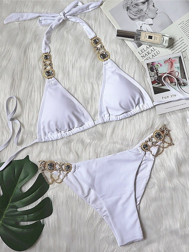 Women's Swimwear Bikini 2 Piece Normal Swimsuit Glitter Solid Color White Black Blue Purple Yellow Plunge Bathing Suits Sexy Vacation Fashion / New / Padded Bras