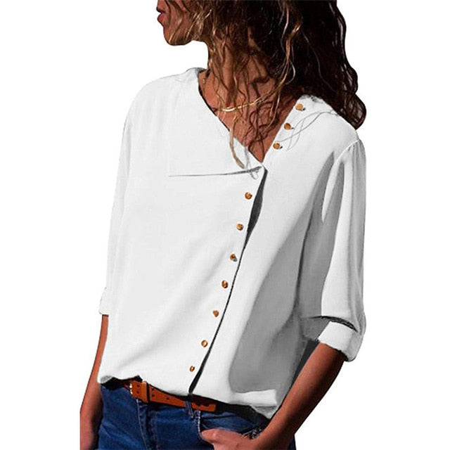 Chiffon Long Sleeve Skew Collar Solid Office Women Blouses And Tops - Sheseelady