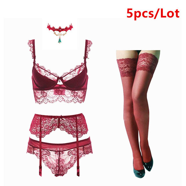 Burgundy Sexy Ladies' Lace Push Up Bra+Panties+Garter+Stockings+Necklace