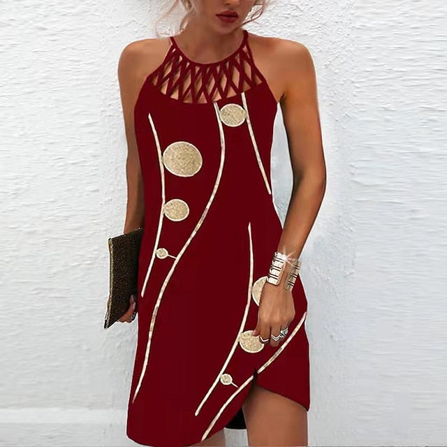 Women's Casual Dress Halter Neck Dress Midi Dress Leopard Black Wine Sleeveless Geometric Cut Out Summer Spring Halter Fashion Vacation Print Dresses