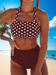 Women's Swimwear Bikini 2 Piece Plus Size Swimsuit Open Back Printing High Waisted Polka Dot Black Blue Wine Halter V Wire Bathing Suits Sexy Vacation Fashion / Modern / New / Padded Bras