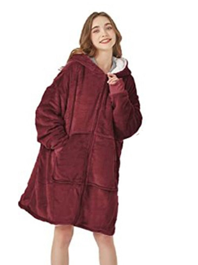 Women's Oversized Plush Fleece Hoodie Nightgown - Warm Winter Pajamas with Pocket, Long Sleeve for Home & Bed