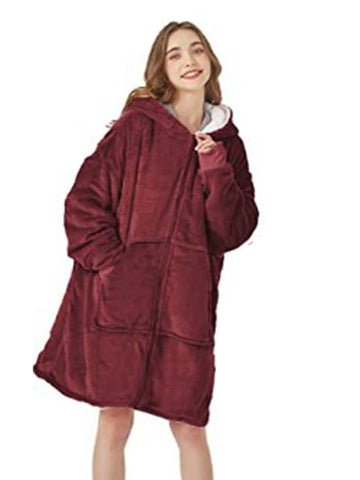 Women‘s Pajamas Winter Nightgown Hoddie Blanket Nightshirt Comfort Oversized Plush Home Daily Bed Fleece Warm Hoodie Long Sleeve Pocket Winter Fall Pink Wine