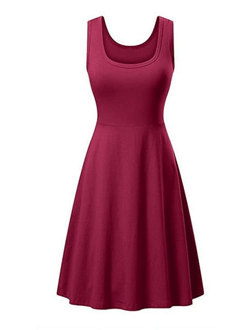 Fashion Sleeveless Pure Color Square Neck Weekend Casual Swing Dress For Womens