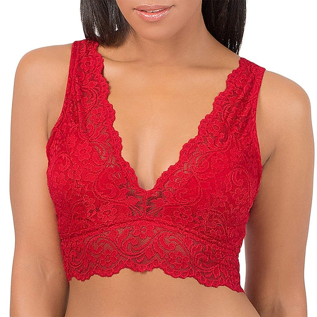 Women's Deep V Neck Unpadded Lace Long Line Plunge Bralette Bra