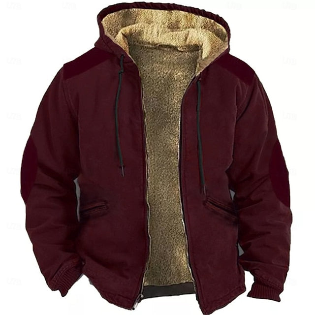 Men's Vintage Full Zip Hoodie - Fuzzy Sherpa Fleece Jacket with Drawstring & Zipper Closure - Stylish Long Sleeve Casual Wear for Fall & Winter