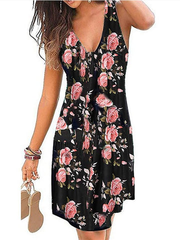 Women‘s Casual Sleeveless Floral Print V Neck Daily Holiday Dress