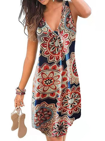 Women‘s Casual Sleeveless Floral Print V Neck Daily Holiday Dress