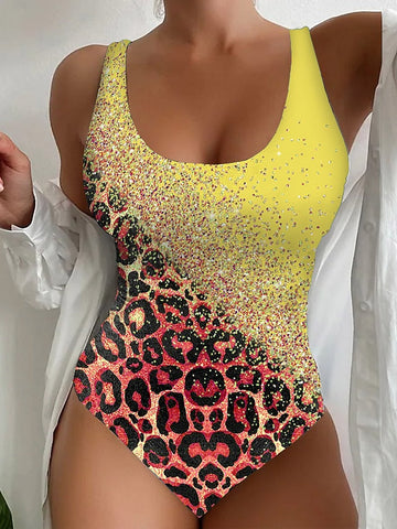 Women's Swimwear One Piece Normal Swimsuit Printing Leopard Yellow Pink Blue Bodysuit Bathing Suits Sports Beach Wear Summer