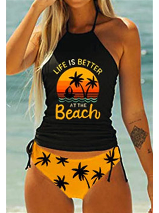 Women's Swimwear Tankini 2 Piece Plus Size Swimsuit Backless Ruched Print Palm Tree Sunset Green Black Yellow Light Green Orange Bathing Suits New Sporty Casual / Vacation / Modern / Letter